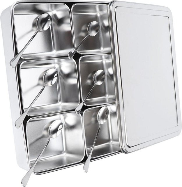 Nensit Gewürzbox Set aus Edelstahl und Glas mit 6 Fächern und Löffeln in Grau und Silber - Bild 1