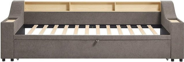 Modernes Bettgestell Oravaya in Taupe mit USB-Ladeport und Schubladen aus Stoff und MDF - Bild 1