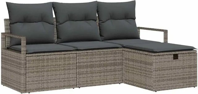 vidaXL Garten-Sofa-Set aus Polyrattan in Grau, 4-teiliges L-Shape Lounge-Set mit Ottoman, Kissen und integriertem Stauraum - Bild 1