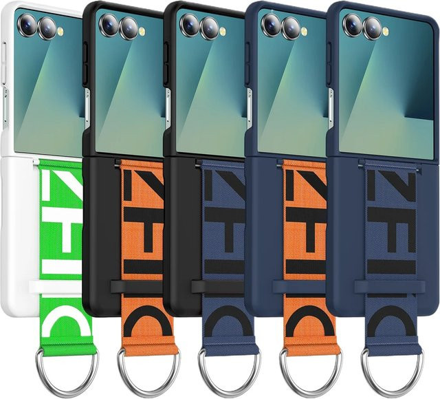 Flip7 Luxuriöse matte PC-Handyhülle für Samsung Galaxy Z Flip 5, Z Flip 6 und Z Flip 7 mit Handschlaufe, Ringhalter und Handkette in Blau oder Orange - Bild 1