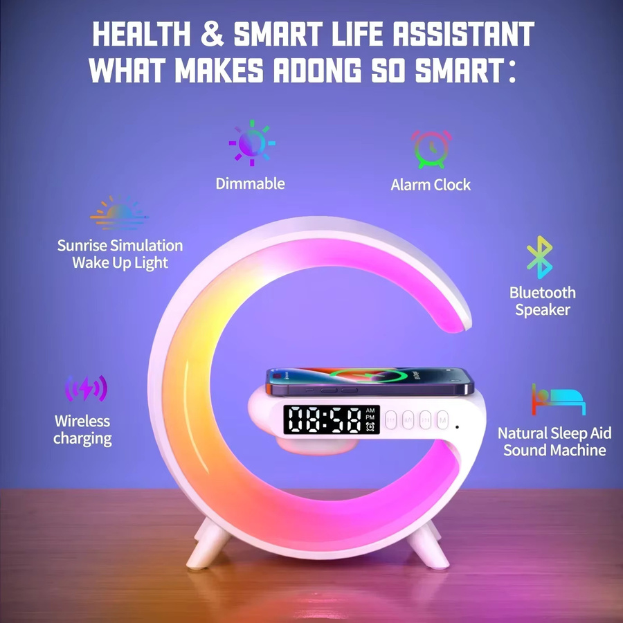 VIKEFON Bluetooth Lautsprecher mit kabelloser Ladestation, RGB Nachtlicht und Wecker in Schwarz - Bild 3