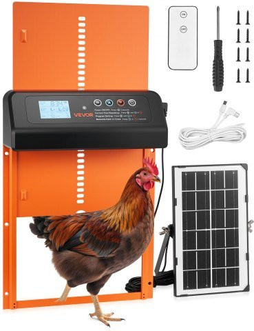 VEVOR Automatischer Hühnerstall Türöffner mit Solar- und Batteriebetrieb, LCD-Display, Fernbedienung, Lichtsensor und Timer, Anti-Quetsch-Sicherheit, Aluminiumlegierung, Orange - Bild 1