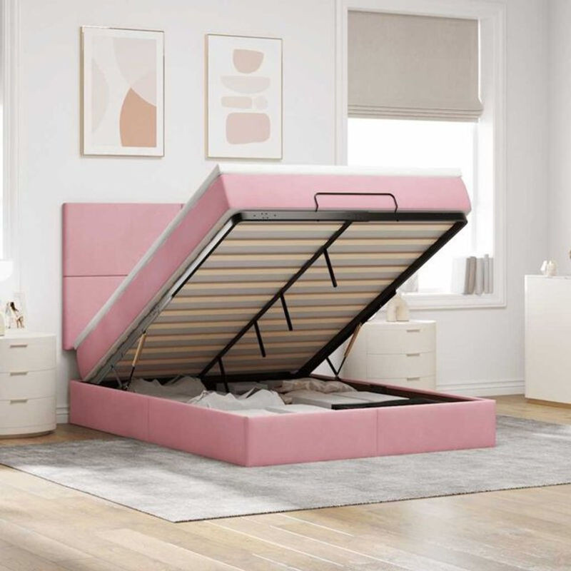 Vidaxl Ottoman Polsterbett mit Matratze und LED in Rosa aus Samt, B/T/H: 140 x 190 cm - Bild 1