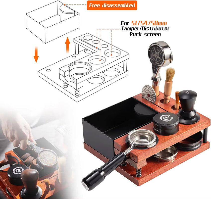 Muvna Espresso-Klopfbox und Stampfstation in Braun mit Holzoptik, passend für 51 mm, 54 mm und 58 mm Siebträger - Bild 4