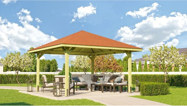 Weka Pavillon Gartenoase 651 A Sparset mit Dachschindeln aus Massivholz in Braun, B/T: 433 x 433 cm - Bild 1