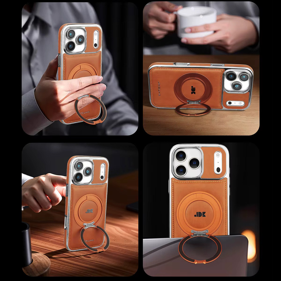 Magnetische Leder-Hülle mit drehbarer Halterung und Wireless Charging für iPhone 17 16 15 14 13 Pro Max Plus in Grau und Braun - Bild 2