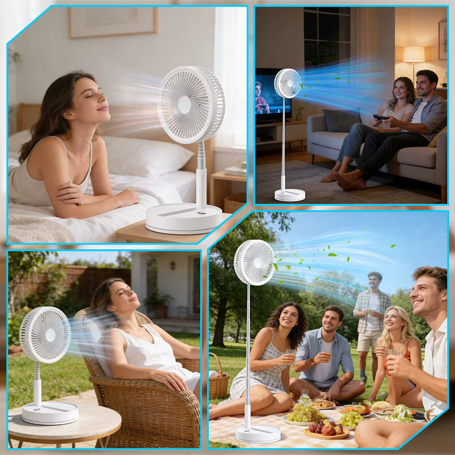 LIPETY Wiederaufladbarer faltbarer Teleskop-USB-Tischventilator mit Fernbedienung und Timer in Weiß - Bild 6