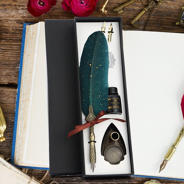 MOJOYCE Klassisches Feder-Dip-Pen Set in Grün aus Metall für Kalligraphie ohne Tinte - Bild 1