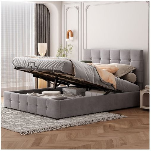 MUVOE Doppelbett mit hydraulischer Klappfunktion und Stauraum aus Samtstoff in Grau, B/T: 140 x 200 cm - Bild 1