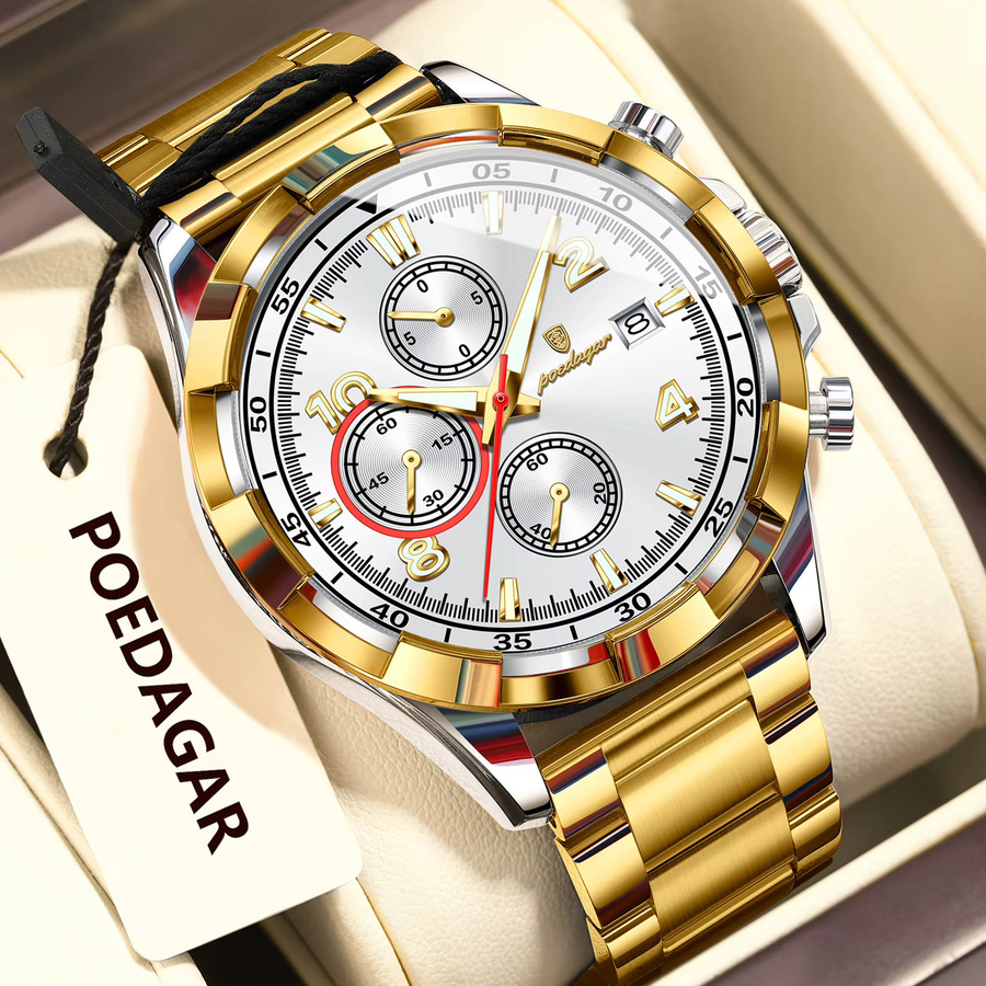 POEDAGAR Armbanduhr Chronograph, Quarz, Edelstahl, Silber, Bicolor, Herren - Bild 2