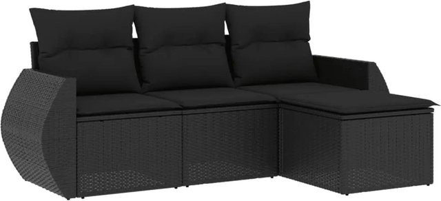 vidaXL 4-tlg Garten-Sofagarnitur aus Poly Rattan in Schwarz mit Kissen und Ottoman für Terrasse und Garten - Bild 1