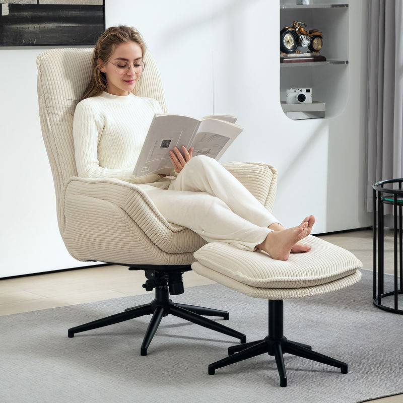 HOMCOM Relaxsessel mit Hocker in Beige mit Cord-Optik, 360 Grad drehbar und mit Liegefunktion - Bild 2