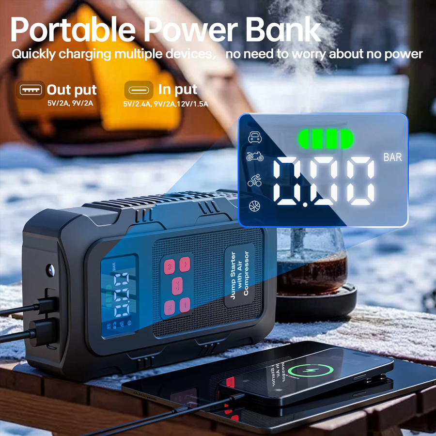 Povasee Tragbarer Auto-Batterie-Notfallstarter mit 5000A Luftkompressor und 150PSI Luftpumpe, Schwarz - Bild 2