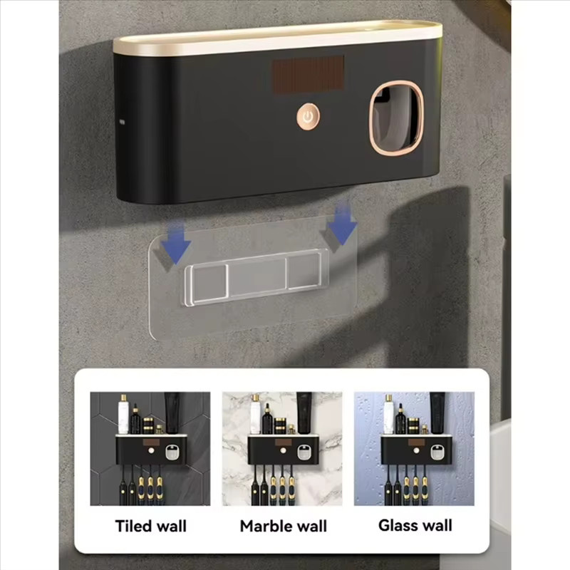 NOCCLILI 3-in-1 Elektrische Zahnbürsten-Desinfektionsvorrichtung mit Zahnpasta-Spender, Wandmontierter Zahnbürstenhalter in Schwarz und Gold - Bild 5