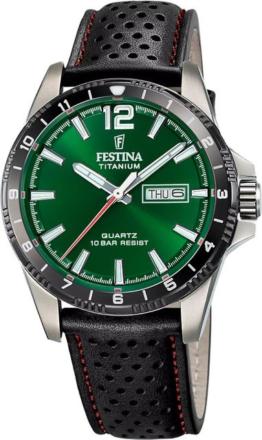 Festina Herrenuhr, Quarz, Titan, 43 mm, Leder, Grün, 10 ATM - Bild 1