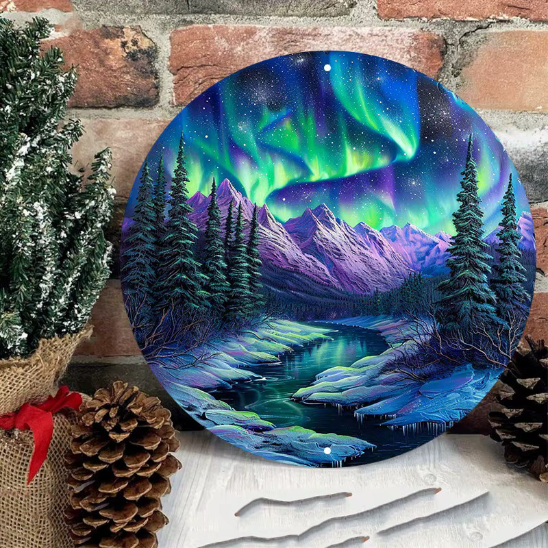 Rundes Aluminium-Metallschild Potdemiel mit Nordlichter-Landschaft, wetterbeständige Außenwanddekoration, Durchmesser: 20 cm, Mehrfarbig - Bild 4