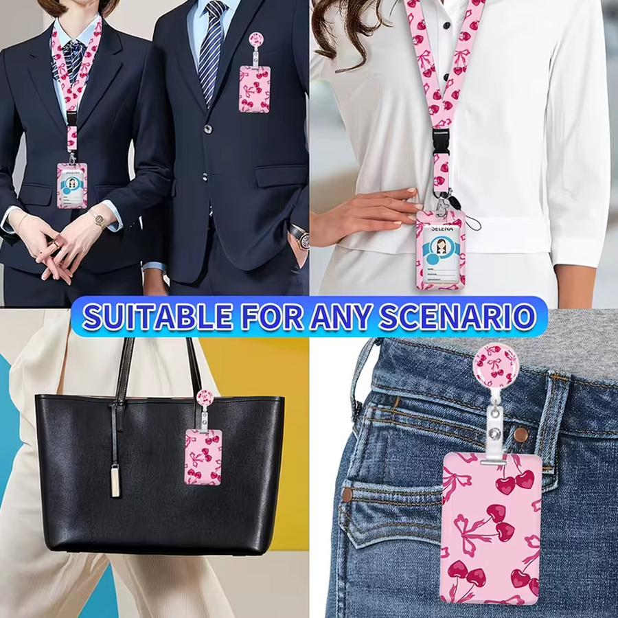 Schlüsselband mit Kirschmuster für Arbeitsausweise, verstellbar mit Sicherheitsclip-Kartenhalter und robuster Kunststoffrolle, Farbe: Pink - Bild 2