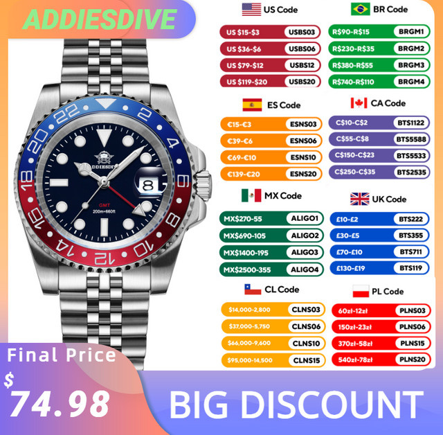 Addiesdive Armbanduhr, GMT, Quarz, Edelstahl, Grün, Herren - Bild 1