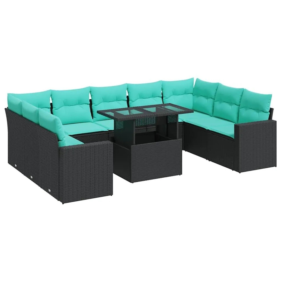 vidaXL Garten-Sofagarnitur aus Poly Rattan mit Kissen, 10-teiliges Set, Schwarz - Bild 2