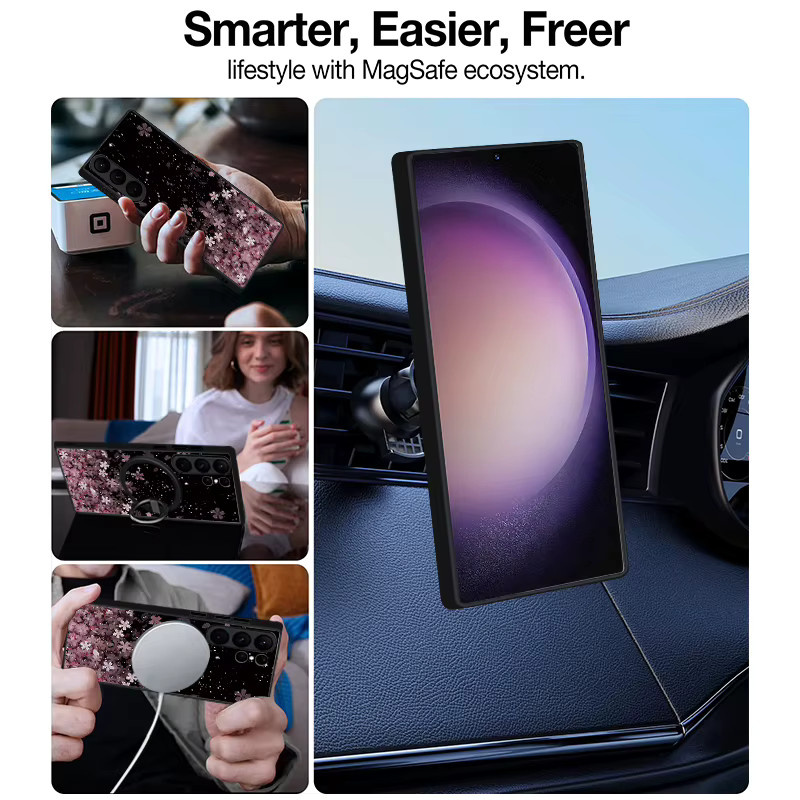 Magnetische Handyhülle mit Kirschblüten-Print für Samsung Galaxy S26 S25 S24 S23 S22 Ultra und S25 FE, MagSafe kompatibel, matt, Schwarz/Mehrfarbig - Bild 3