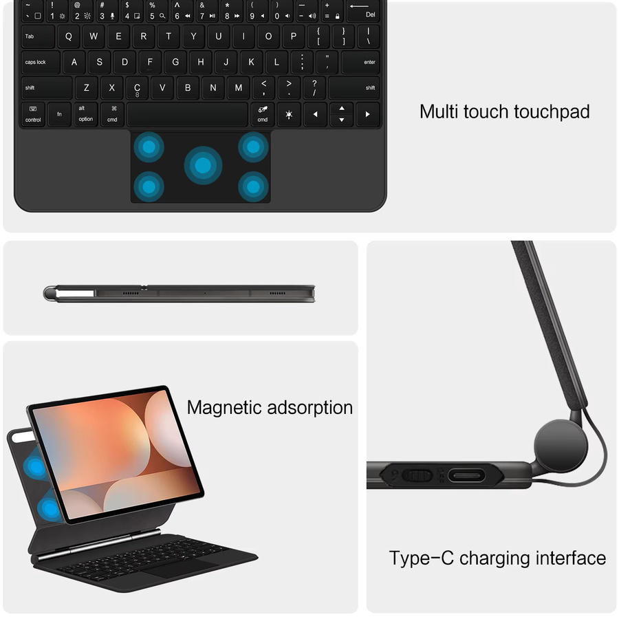 AJIUYU Magic Keyboard Folio für Samsung Galaxy Tab S10 Plus 12,4 Zoll, Magnetische Tastaturhülle mit Touchpad in Schwarz - Bild 3