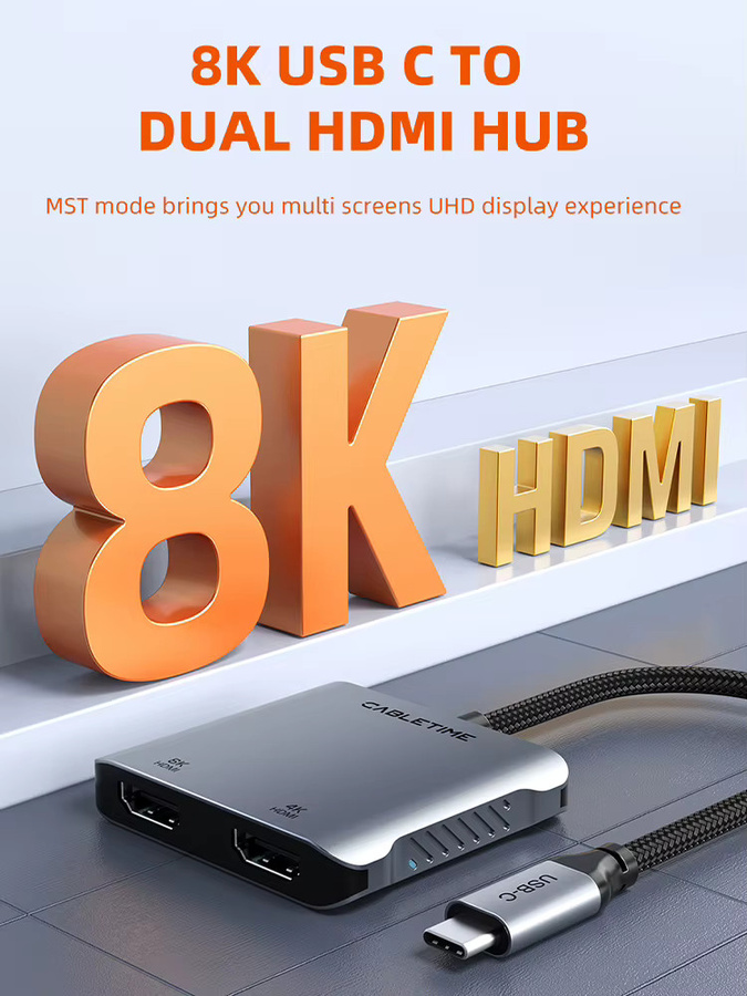 CABLETIME USB C zu HDMI Adapter MST Konverter für 4K und 8K mit Dual HDMI für Dreifach-Display, kompatibel mit M1/M2/M3, Windows und Mac, Grau - Bild 5