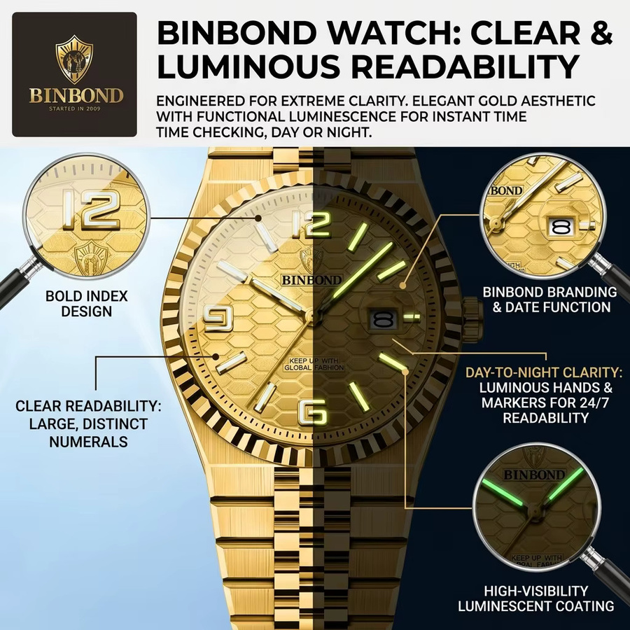 BINBOND Armbanduhr Edelstahl, Gold, Quarz, Analoguhr, Herren - Bild 2