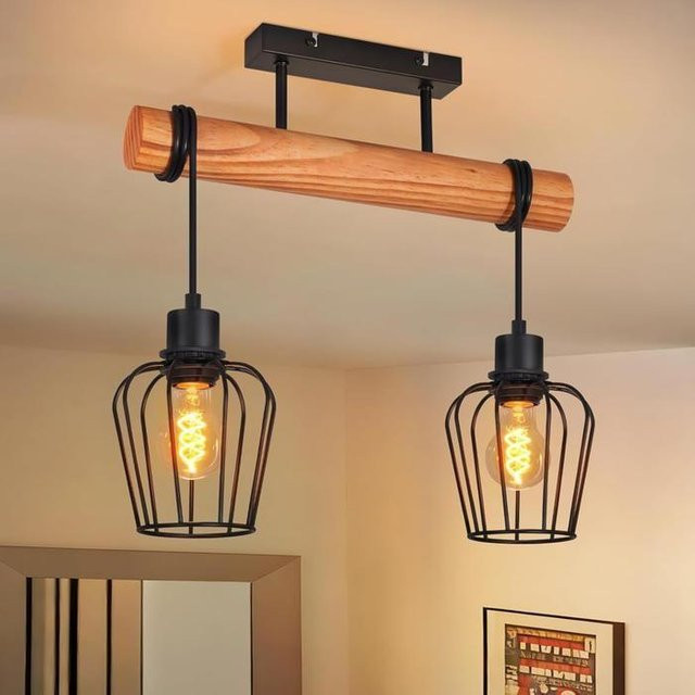 NETTLIFE Deckenleuchte im skandinavischen Design aus Holz und Metall, Schwarz, 2 Lampen, Fassung E27 - Bild 1