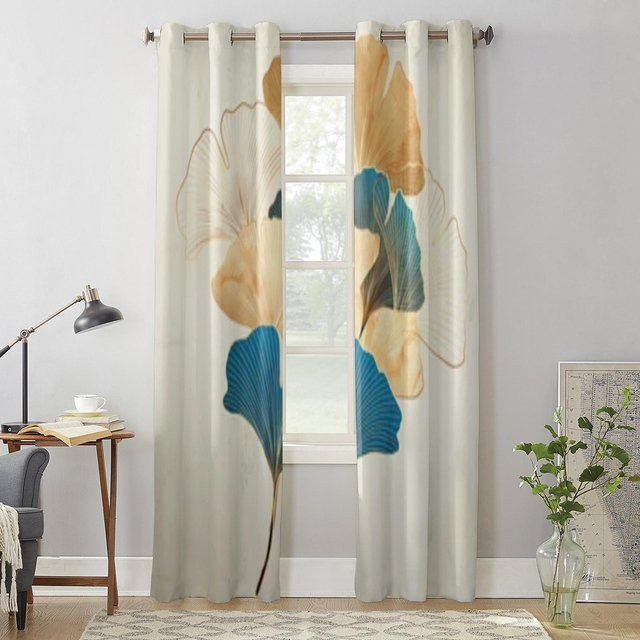 Super Six Fenstergardinen mit Ginkgoblättern im Vintage-Stil, grau, B: 135 cm, H: 60 cm - Bild 1
