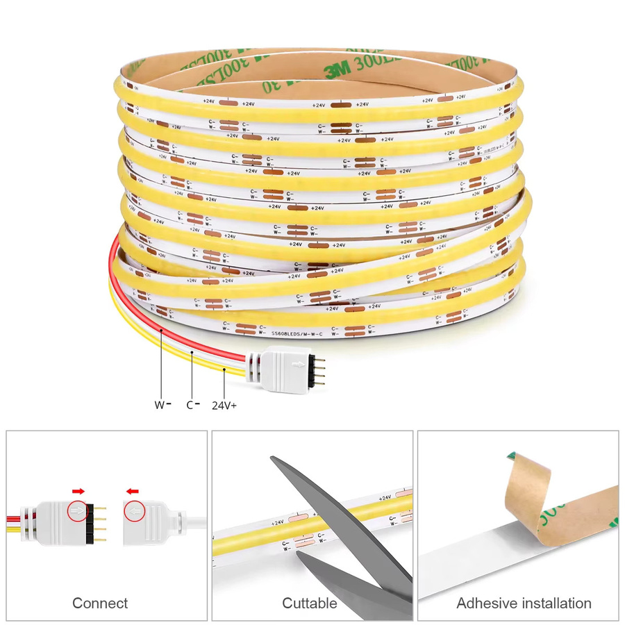 Gyarfas Smart Zigbee CCT COB LED Streifen, 24V, dimmbar, 608 LEDs/m, 2700K-6500K, kompatibel mit Alexa und Google Home via Zigbee Gateway - Bild 6