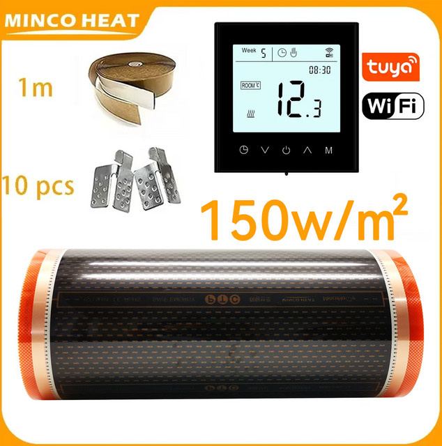 MINCO HEAT Infrarot-Graphen-PTC-Heizfolie mit Thermostat-Installationsset, 150 W/m², Fläche: 5 m², Breite: 50 cm - Bild 1