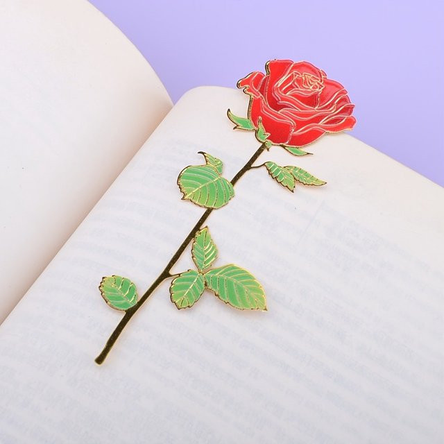 Elegantes Kupfer-Lesezeichen mit Rosenblumen-Design in Rot und Grün - Bild 1