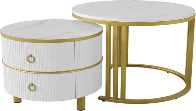 okwish Couchtisch Beistelltisch mit 2 Schubladen in Weiß und Gold mit Marmormuster, B/T/H: 70 x 70 x 46 cm - Bild 1