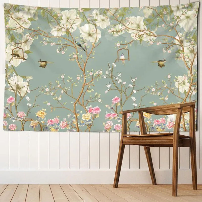 Super Six Wandbehang im Bohemian Stil mit Blumen und Vögeln in Grün, Textil-Wanddekoration, Breite: 95 cm, Höhe: 70 cm - Bild 1