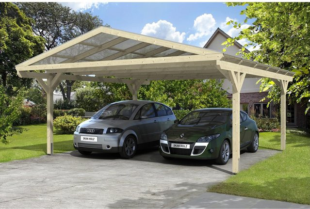 Skan Holz Carport Westerwald Satteldach aus Fichten-Leimholz in Beige mit Polycarbonat-Dach B/T: 570 x 648 cm, Höhe: 308 cm - Bild 4