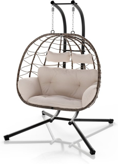 Juskys Doppelhängesessel Aria aus Polyrattan mit Gestell und Kissen, Beige, B/T/H: 197 x 127 x 220 cm - Bild 1