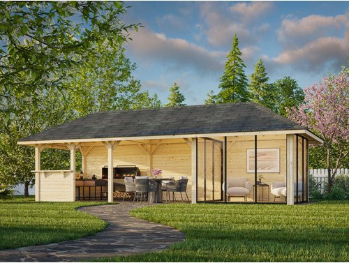 PALMAKO Pavillon Bianca Set 216 Slide aus Fichtenholz mit Alu-Schiebetüren und PZ-Schloss, braun, B/H/T: 876 x 319 x 300 cm - Bild 1