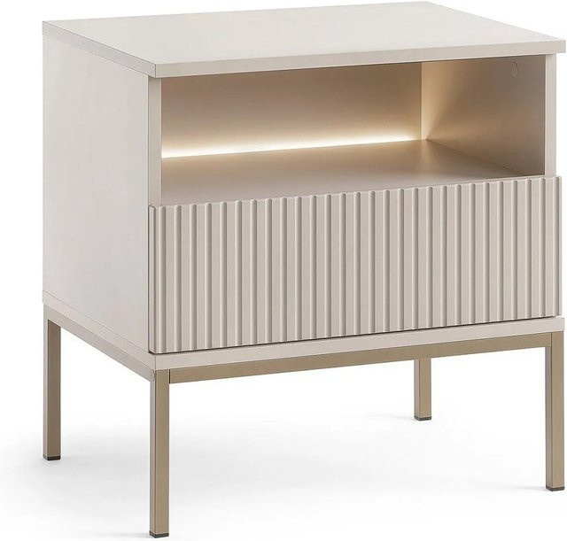 Nachttisch Ovila von Vente-unique in Beige mit integrierter Beleuchtung und Rauchglas, Höhe: 53,6 cm - Bild 1