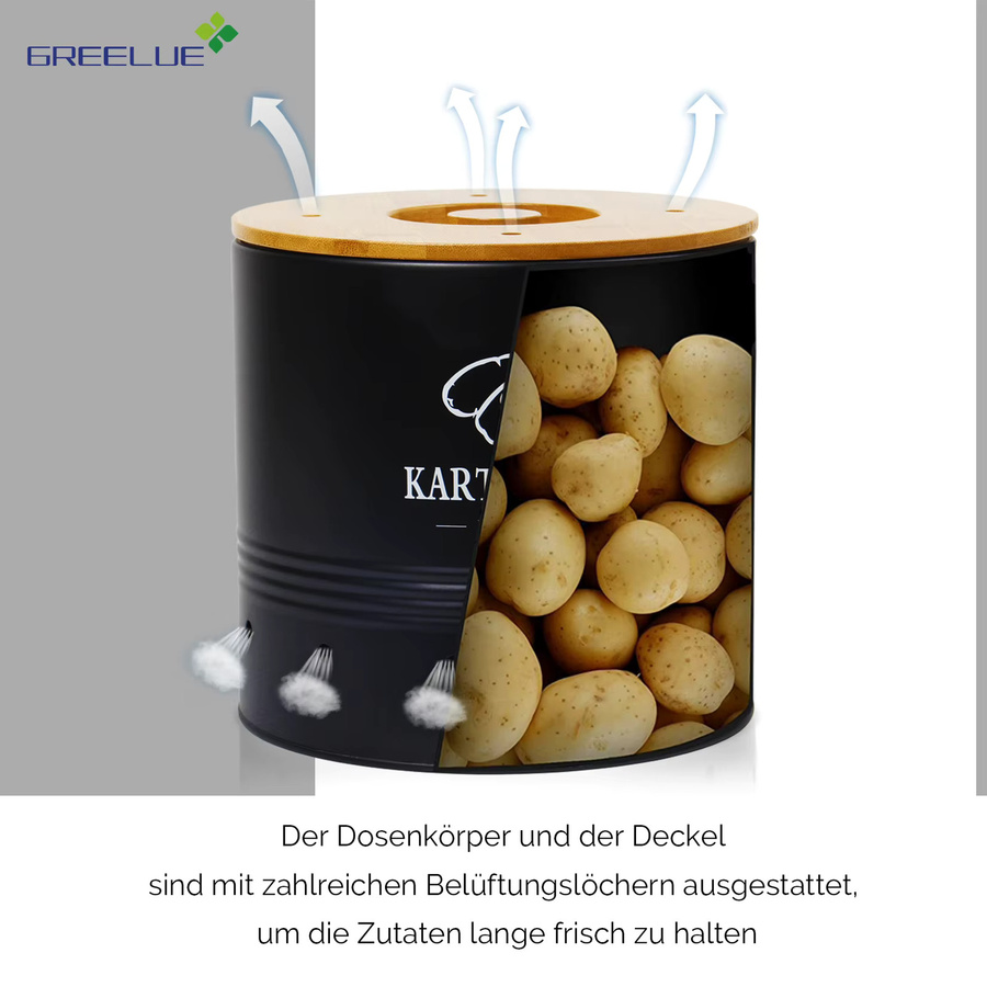SYLANDO Aufbewahrungsboxen Set für Kartoffeln, Zwiebeln und Knoblauch, 3er Set aus Metall mit Bambusdeckel und Belüftungslöchern, Schwarz - Bild 4