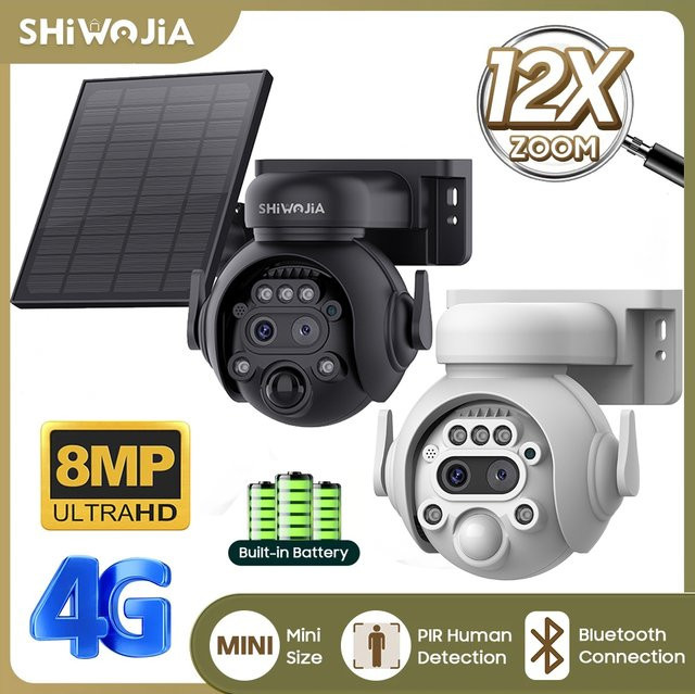 Shiwojia Solar Überwachungskamera mit 4K 8MP Auflösung, 4G SIM und WiFi, 12x Zoom, PTZ Funktion und Nachtsicht in Weiß - Bild 1