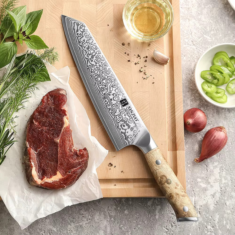XINZUO Damaskus Santoku Bunka Kochmesser mit Sycamore Holzgriff, 67 Lagen, Silber/Braun - Bild 4