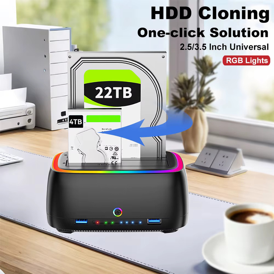 Kebidu USB 3.0 Dual-Bay HDD-Dockingstation mit One Click Offline Copy und RGB-Lichteffekt für 2,5 und 3,5 Zoll HDD/SSD, Schwarz/Multicolor - Bild 3