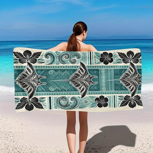 JMG Household Supplies Strandtuch Polynesischer Mantarochen, Türkis, Polyester, B/H: 50 x 100 cm - Bild 1