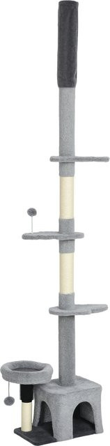 PawHut Kratzbaum Boden bis Decke, höhenverstellbarer Mehrstöckiger Katzenturm in Grau mit Sisal-Kratzpfosten, Höhle, Bett und hängendem Ball, Höhe: 225-255 cm - Bild 1