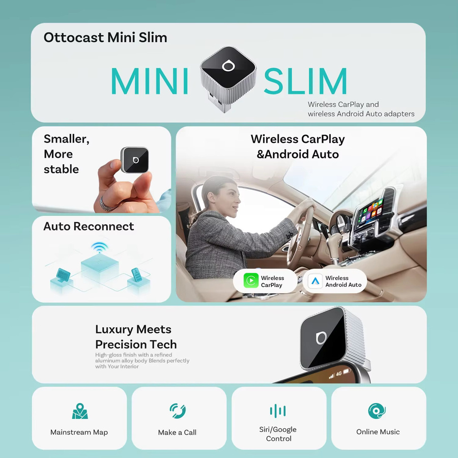 Ottocast Mini Slim Adapter für kabelloses CarPlay und Android Auto, WLAN Smart-Dongle in Schwarz oder Silber mit USB-A und USB-C Anschluss - Bild 2