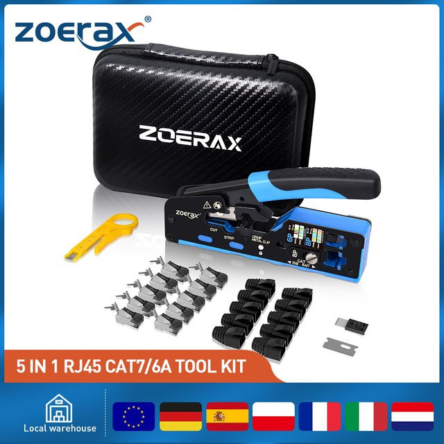 ZoeRax RJ45 Crimper Kit für CAT7 und CAT6A mit 10 Steckverbindern und Zugentlastungsstiefeln für Ethernet LAN Kabel - Bild 1