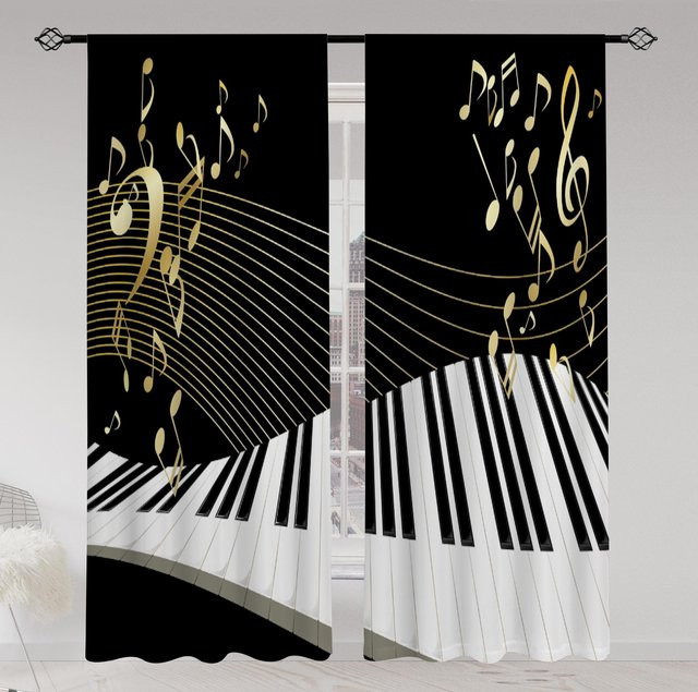 Set aus 2 semi-transparenten Vorhängen mit Musiknoten-Print, schwarz, Polyester, Höhe: 130 cm, Breite: 50 cm - Bild 1