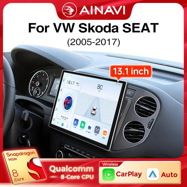 Ainavi Multimedia Player mit 13,1 Zoll Display für VW Volkswagen T5 Tiguan Golf Polo Touran und Skoda mit Carplay und Android Auto in Schwarz - Bild 1