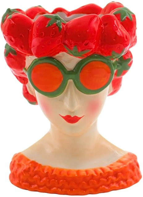 Dekohelden24 Keramik-Blumentopf Frau mit Erdbeerkopfschmuck in Bunt, B/T/H: 12 x 13 x 18 cm - Bild 1
