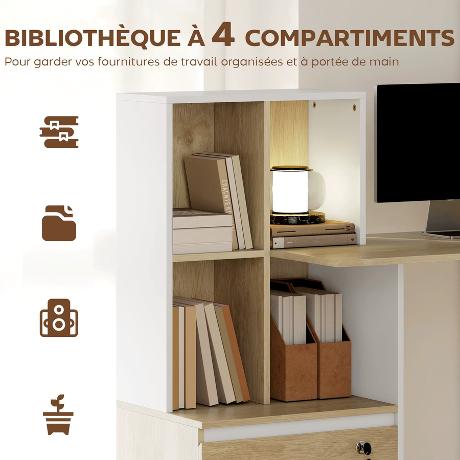 Svintora Computertisch in Weiß und Braun mit Bücherregal und abschließbarem Aufbewahrungsschrank, moderner Schreibtisch aus MDF-Laminat mit mattem Finish - Bild 2